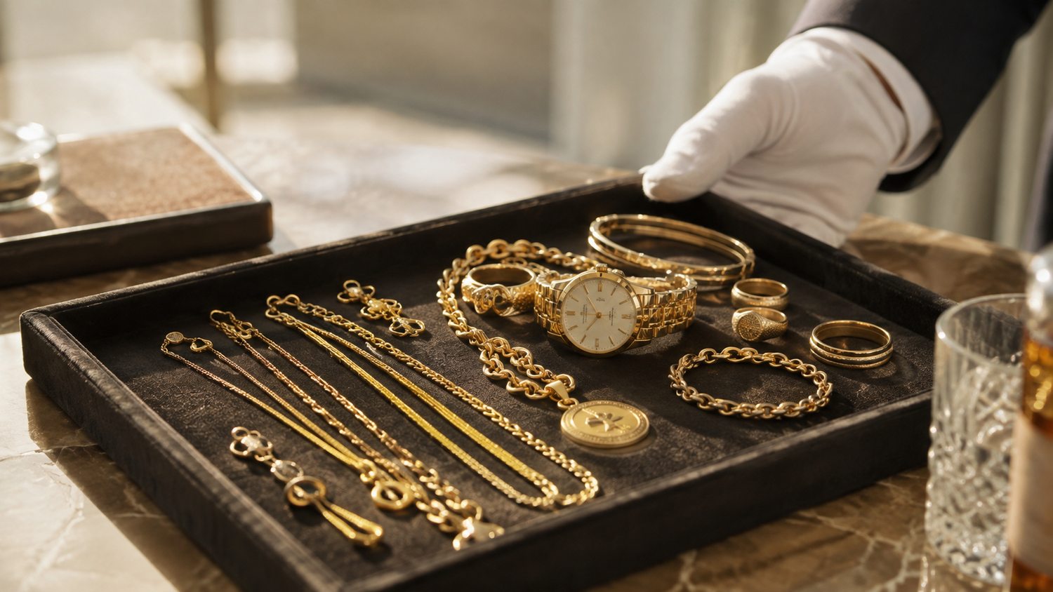 Hochwertiger Gold- und Brillantschmuck in eleganter Begutachtungssituation