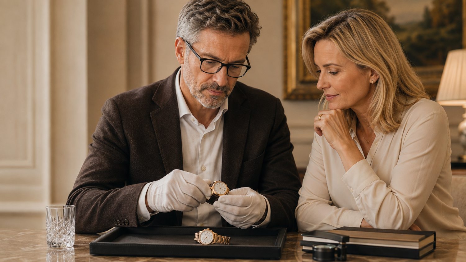 Hochwertige Uhr und Schmuckstücke in einem eleganten Salon